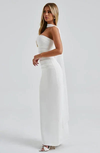 Women's Evening Maxi Dress with Strapless Neckline and Side Split