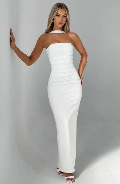 Women's Evening Maxi Dress with Strapless Neckline and Side Split