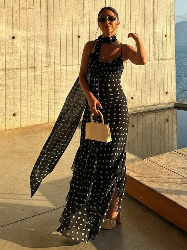 Women's Evening Maxi Dress with Halter Neck and Polka Dot Detail