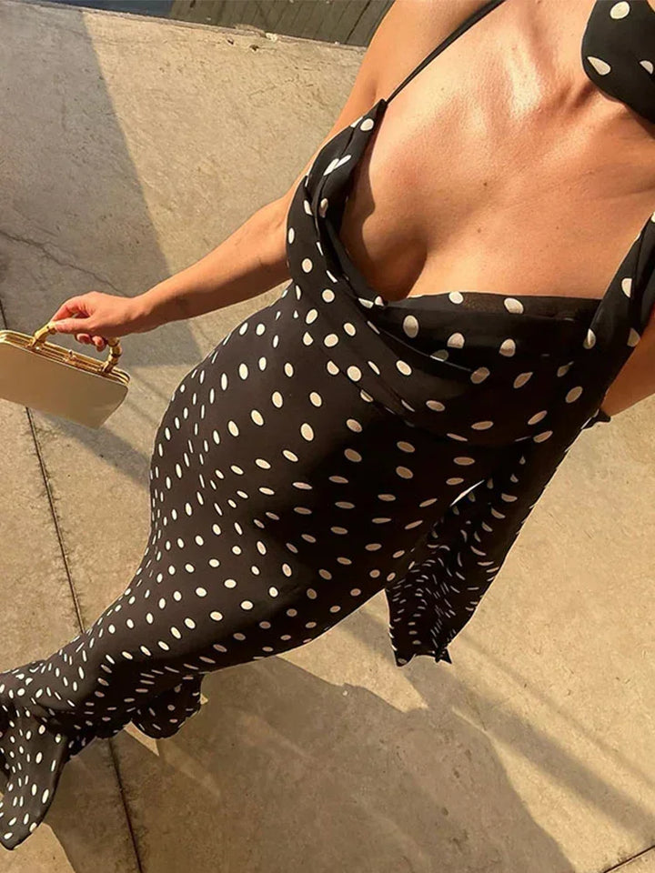 Women's Evening Maxi Dress with Halter Neck and Polka Dot Detail
