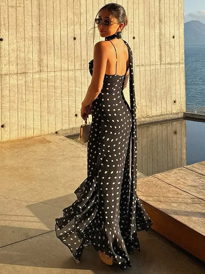 Women's Evening Maxi Dress with Halter Neck and Polka Dot Detail