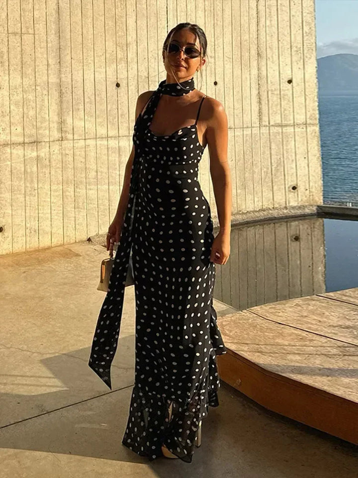 Women's Evening Maxi Dress with Halter Neck and Polka Dot Detail