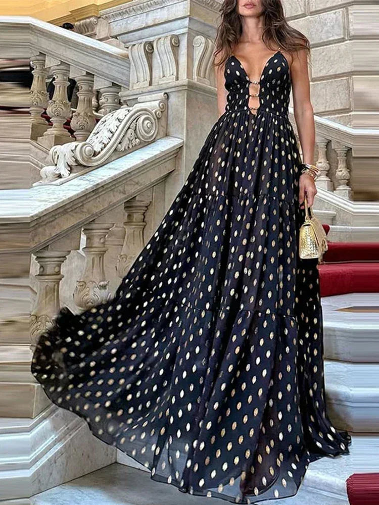 Women's Evening Maxi Dress with Halter Neck and Polka Dot Detail