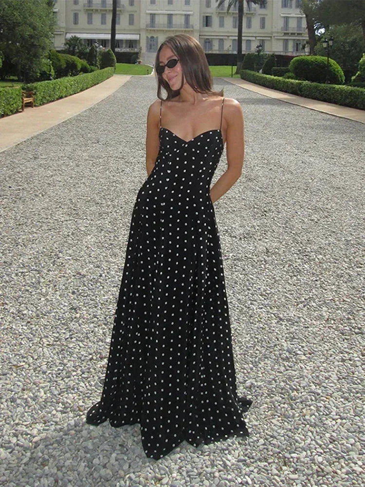 Women's Evening Maxi Dress with Halter Neck and Polka Dot Detail
