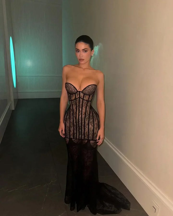 Women's Evening Maxi Dress with Strapless Neckline and Sheer Lace Detail
