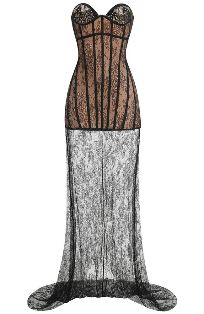 Women's Evening Maxi Dress with Strapless Neckline and Sheer Lace Detail