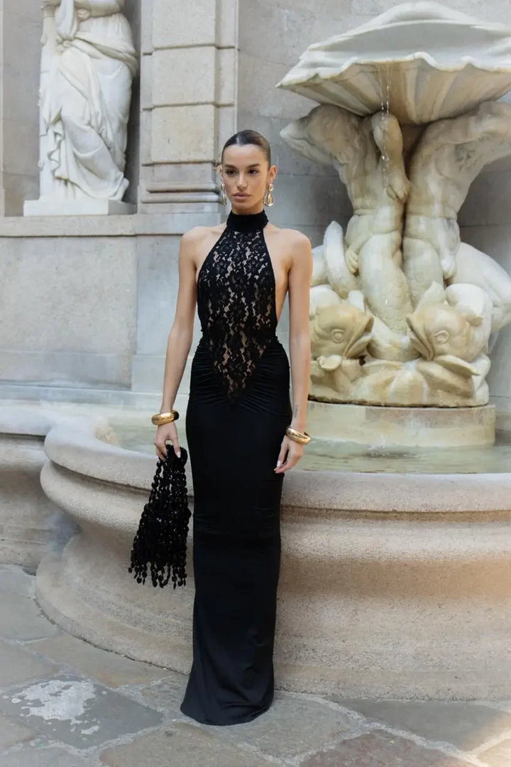 Women's Evening Maxi Dress with Halter Neck and Sequin Detail