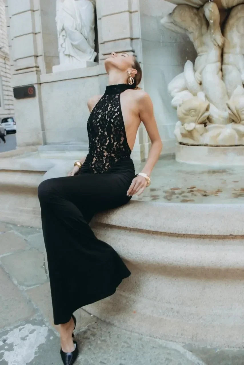 Women's Evening Maxi Dress with Halter Neck and Sequin Detail