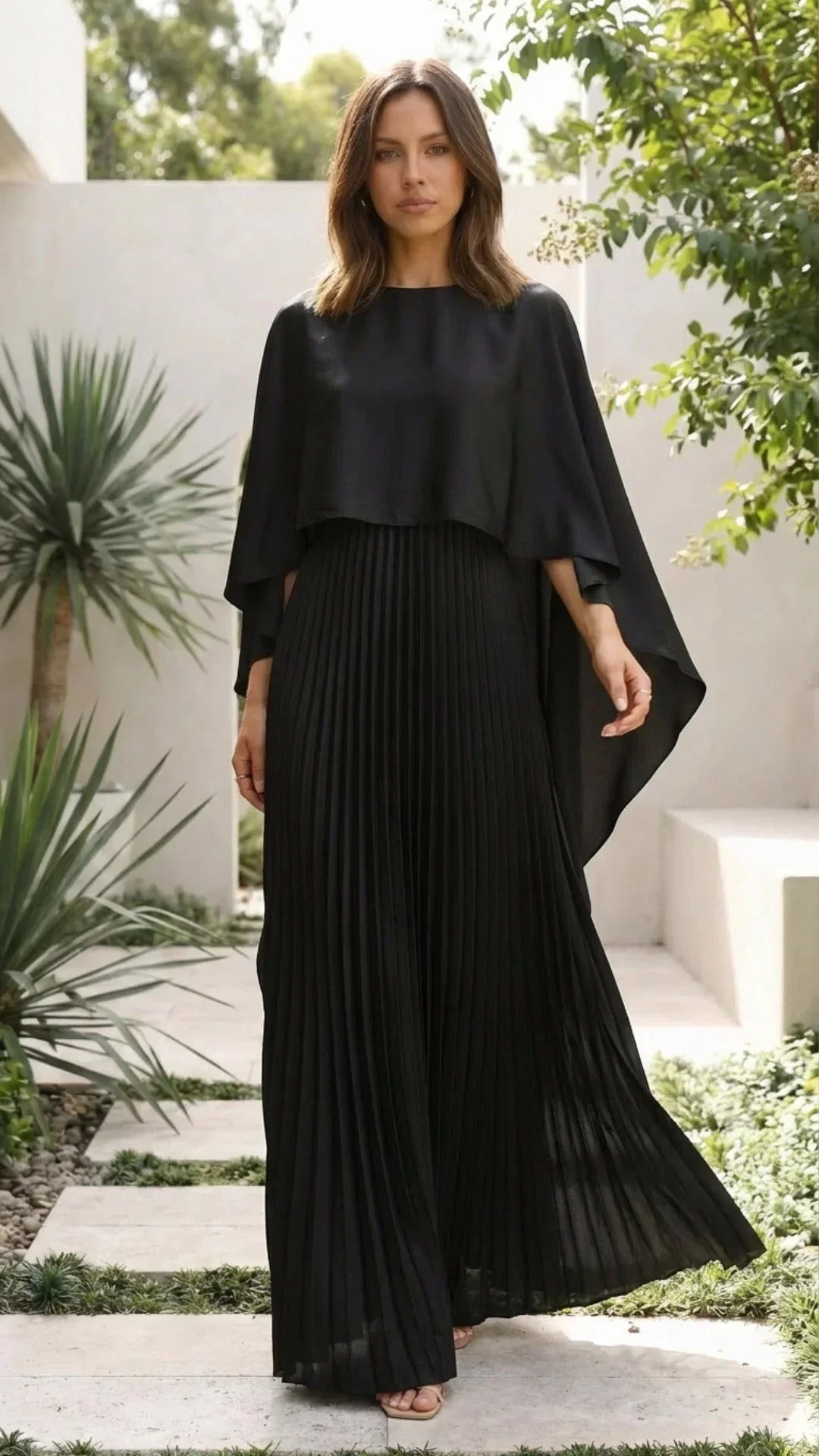 Women's Occasion Maxi Dress with Cape Sleeves and Pleated Skirt