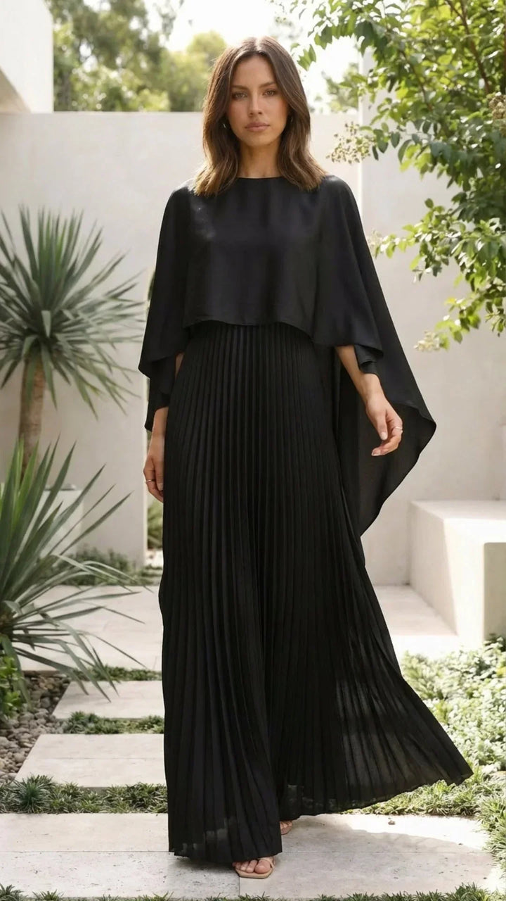 Women's Occasion Maxi Dress with Cape Sleeves and Pleated Skirt