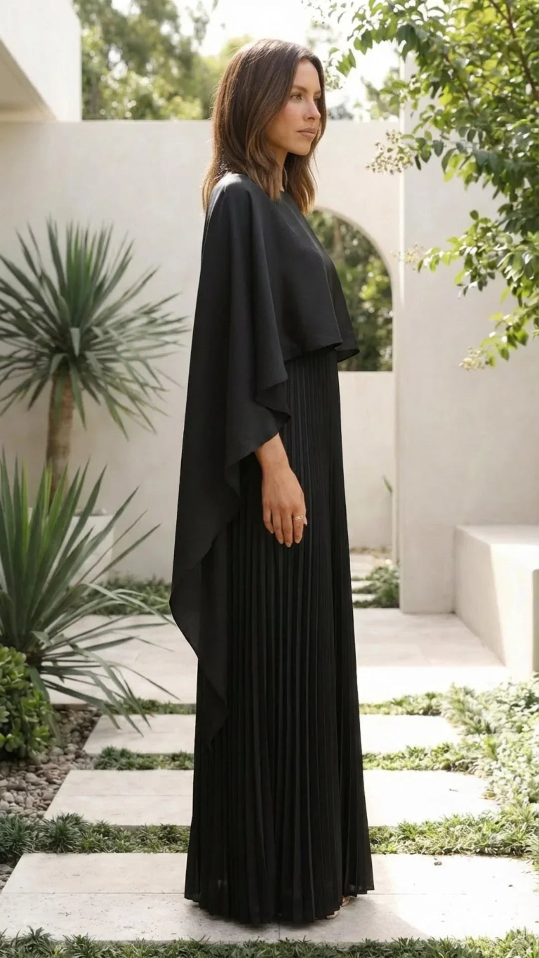 Women's Occasion Maxi Dress with Cape Sleeves and Pleated Skirt