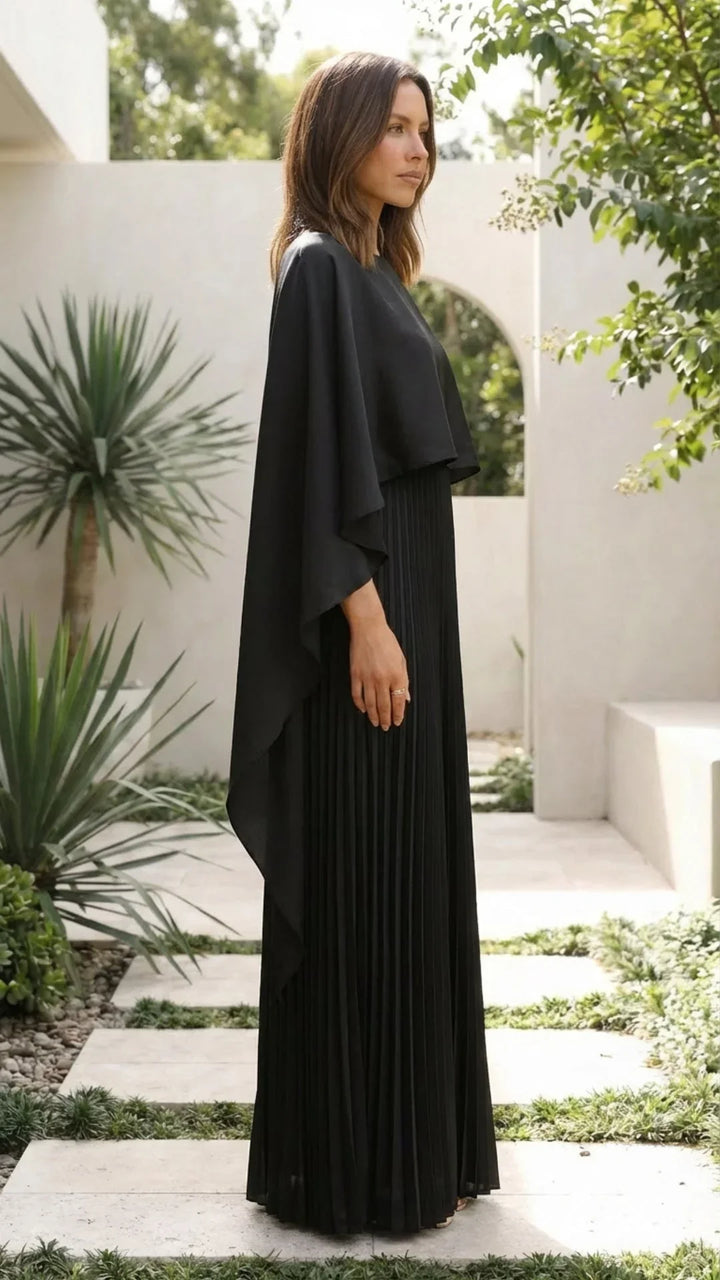 Women's Occasion Maxi Dress with Cape Sleeves and Pleated Skirt