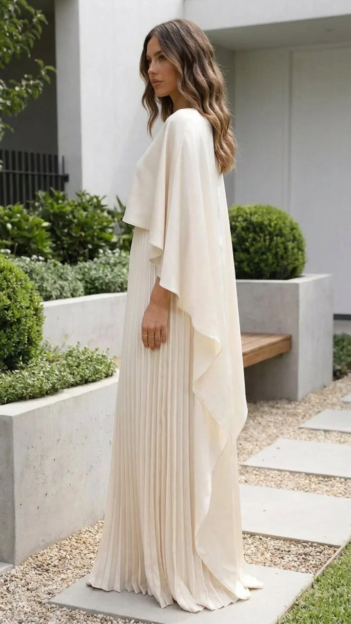 Women's Occasion Maxi Dress with Cape Sleeves and Pleated Skirt