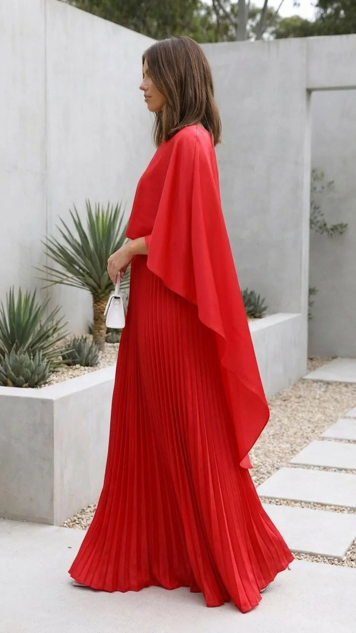 Women's Occasion Maxi Dress with Cape Sleeves and Pleated Skirt