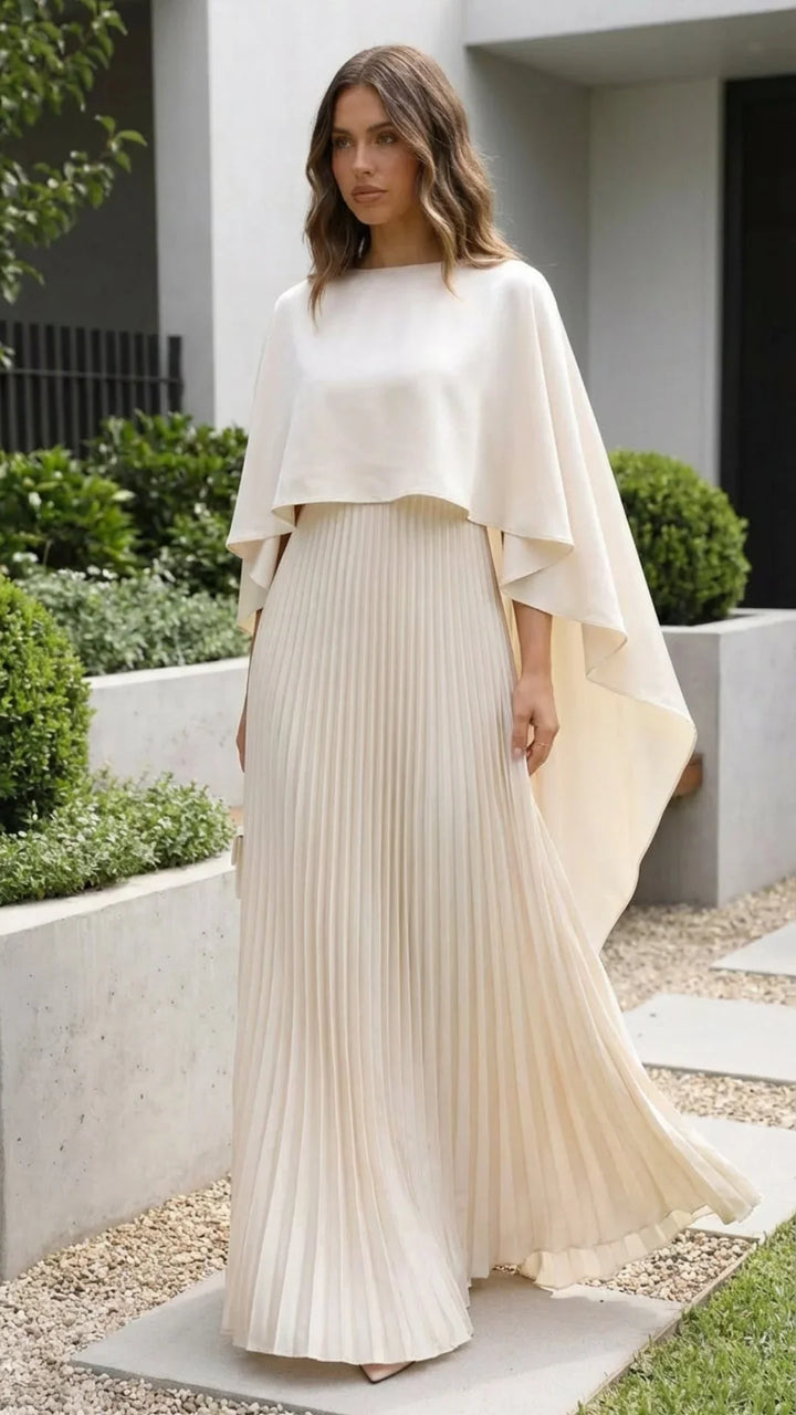 Women's Occasion Maxi Dress with Cape Sleeves and Pleated Skirt