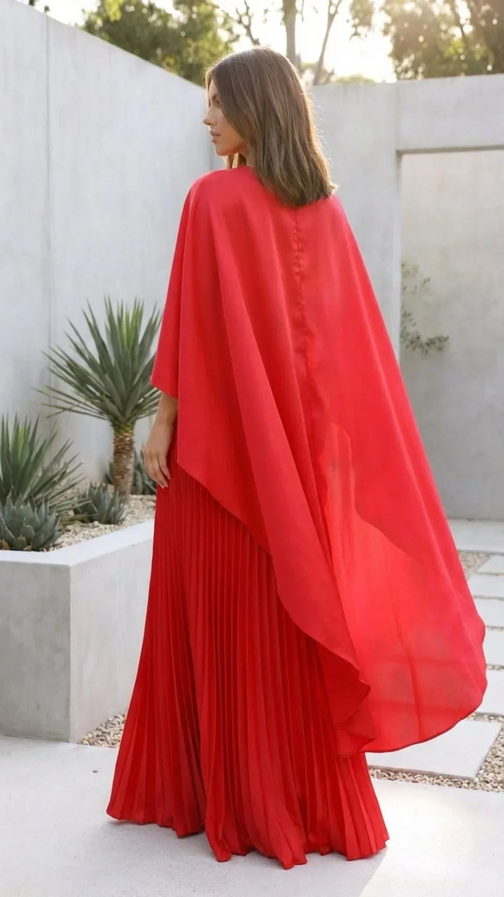 Women's Occasion Maxi Dress with Cape Sleeves and Pleated Skirt
