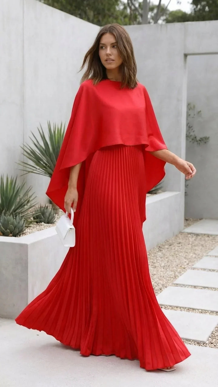 Women's Occasion Maxi Dress with Cape Sleeves and Pleated Skirt