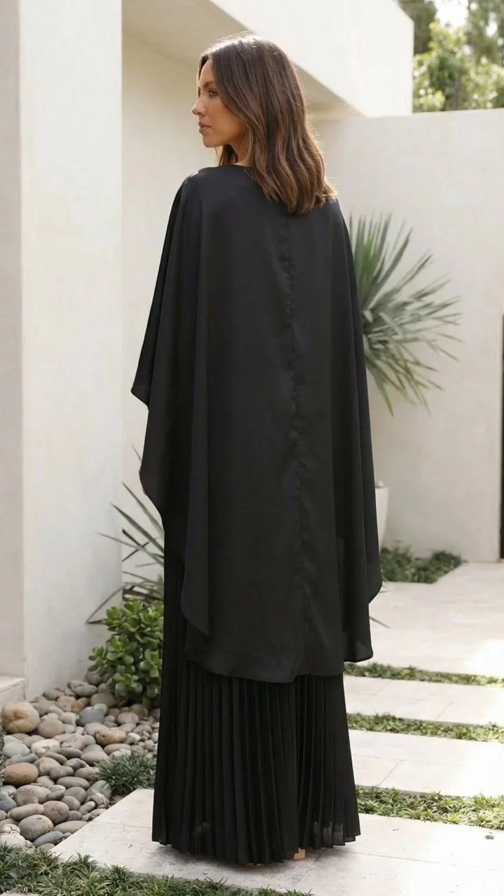 Women's Occasion Maxi Dress with Cape Sleeves and Pleated Skirt