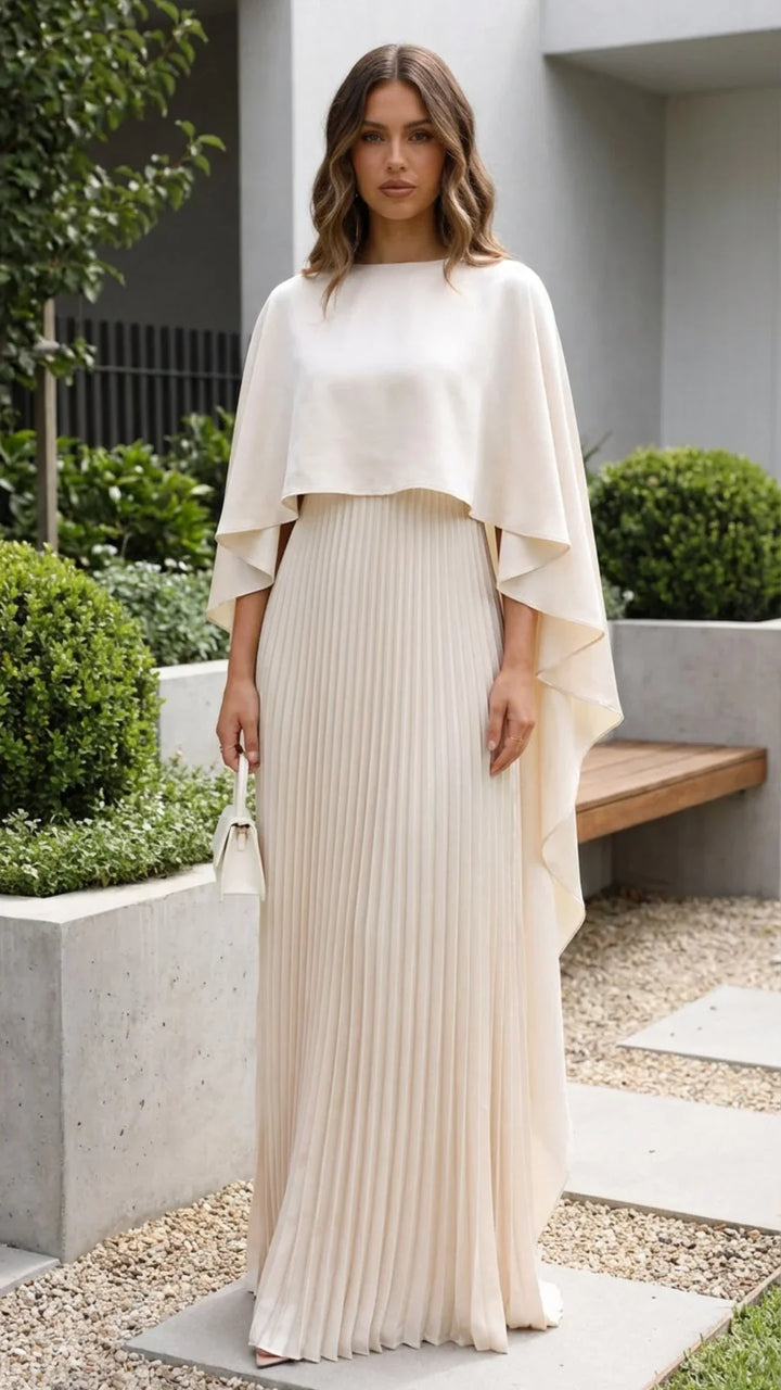 Women's Occasion Maxi Dress with Cape Sleeves and Pleated Skirt