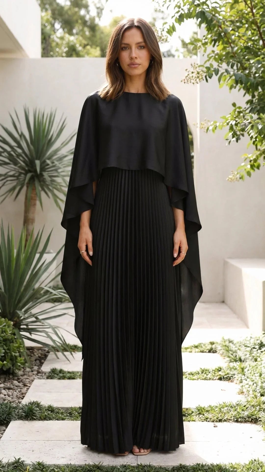 Women's Occasion Maxi Dress with Cape Sleeves and Pleated Skirt