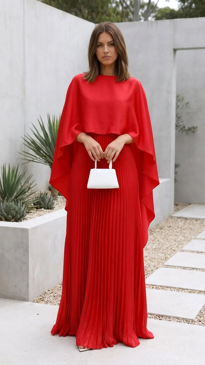 Women's Occasion Maxi Dress with Cape Sleeves and Pleated Skirt