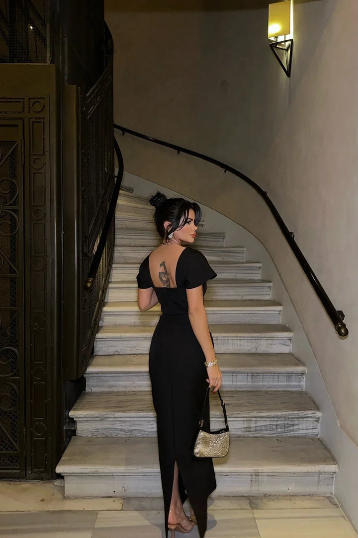 Women's Evening Maxi Dress with Bardot Neckline and Draped Detail