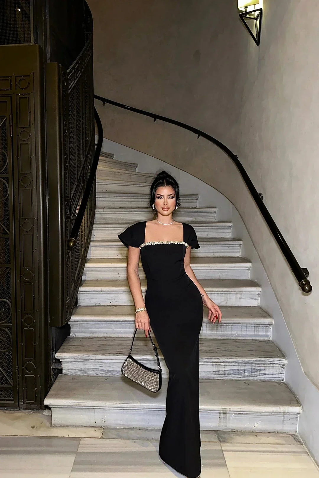 Women's Evening Maxi Dress with Bardot Neckline and Draped Detail
