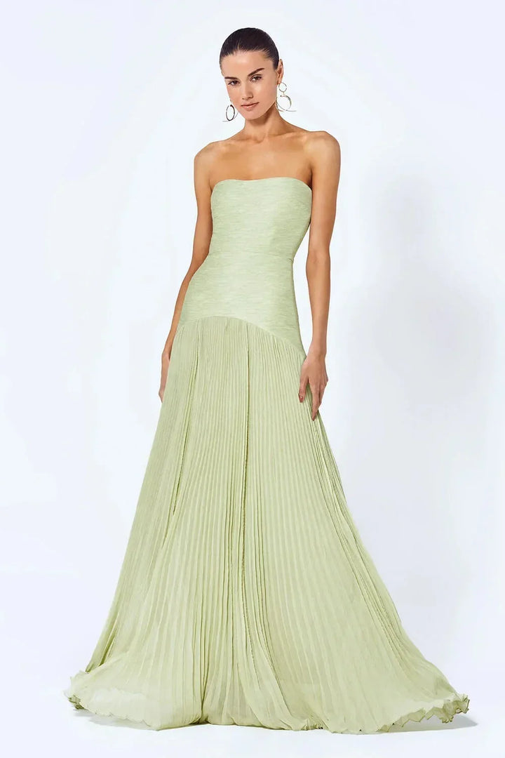 Women's Evening Maxi Dress with Strapless Neckline and Pleated Skirt