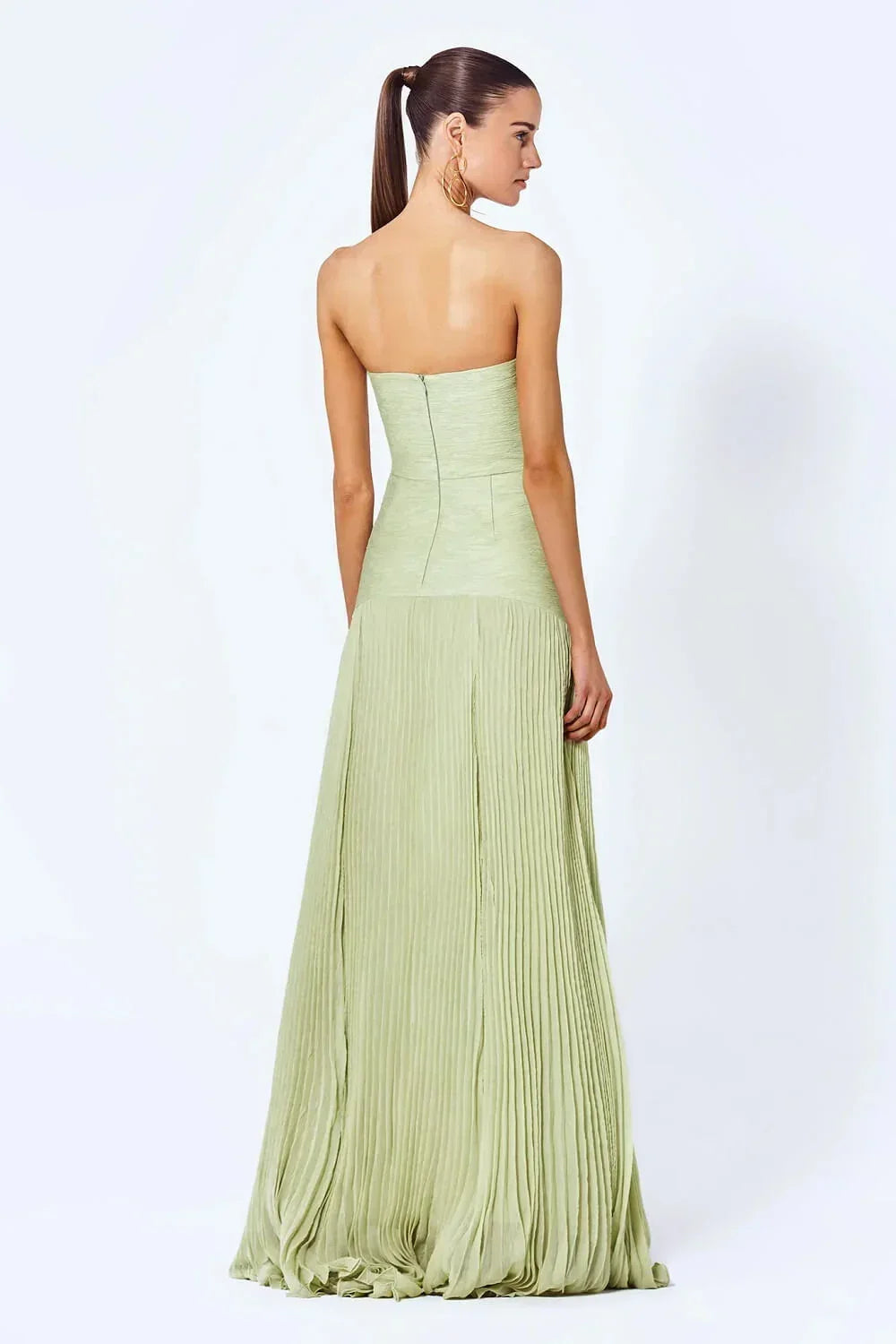 Women's Evening Maxi Dress with Strapless Neckline and Pleated Skirt