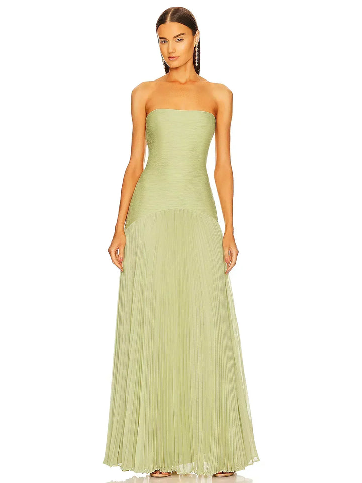 Women's Evening Maxi Dress with Strapless Neckline and Pleated Skirt