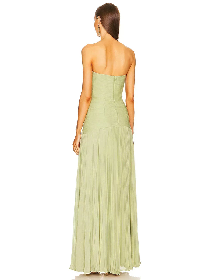 Women's Evening Maxi Dress with Strapless Neckline and Pleated Skirt