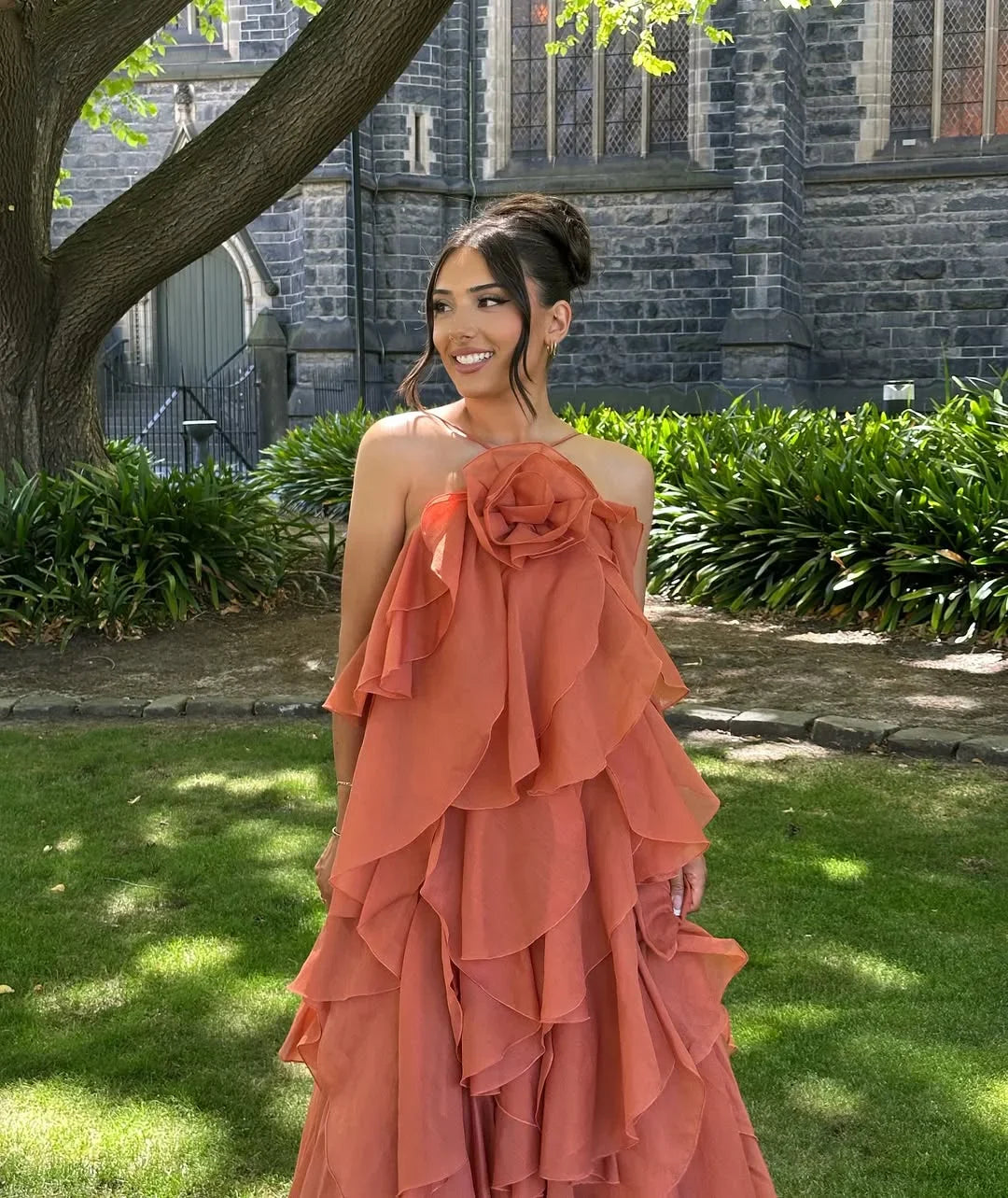 Women's Wedding Guest Maxi Dress with Layered Ruffles