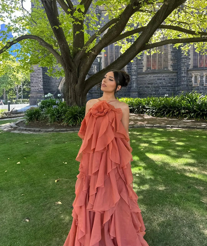 Women's Wedding Guest Maxi Dress with Layered Ruffles