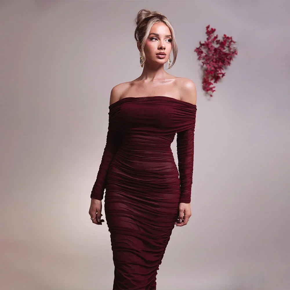 Women's Bardot Midi Dress with Ruched Detail and Long Sleeves