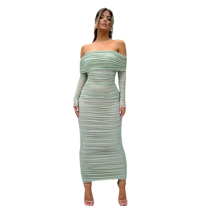 Women's Bardot Midi Dress with Ruched Detail and Long Sleeves