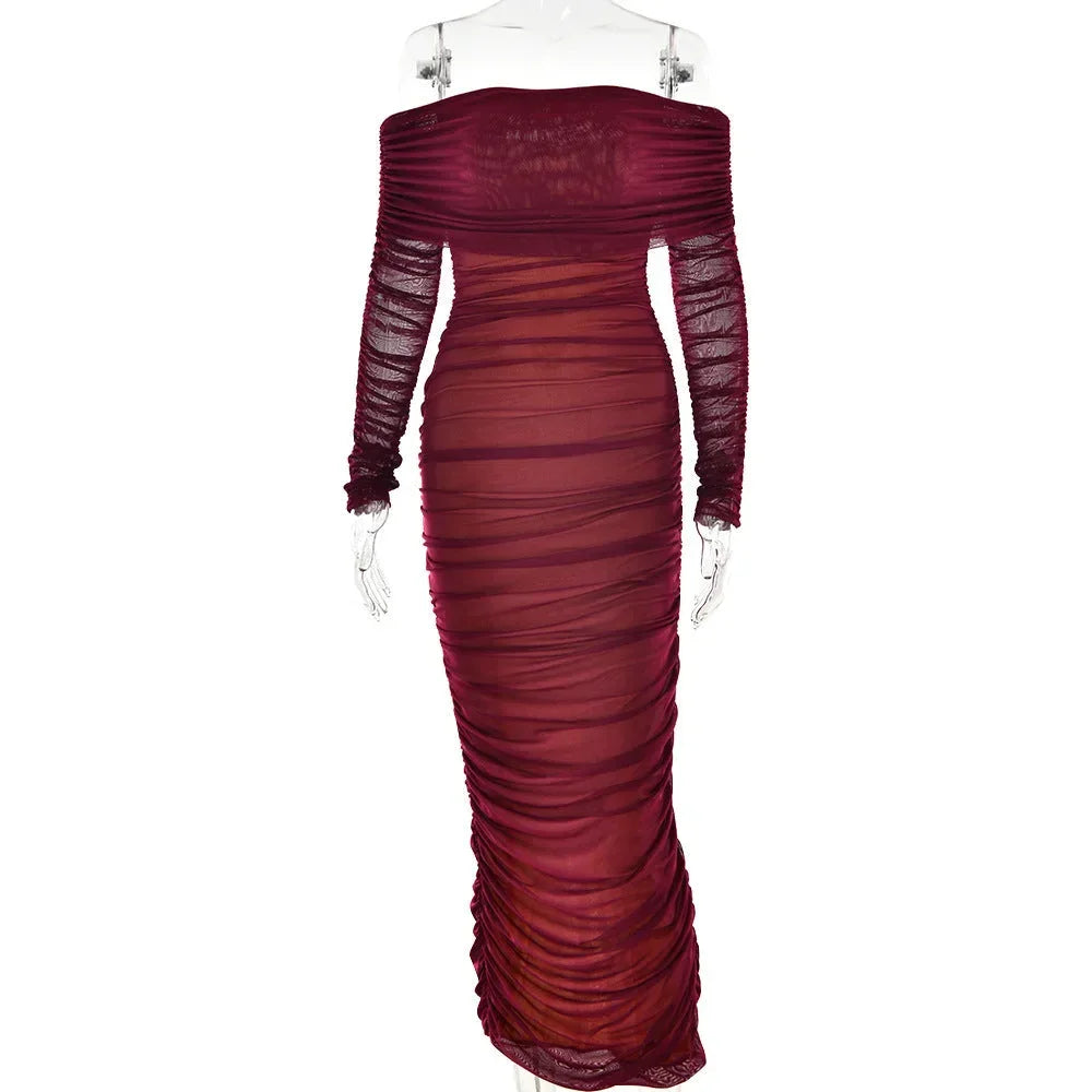 Women's Bardot Midi Dress with Ruched Detail and Long Sleeves