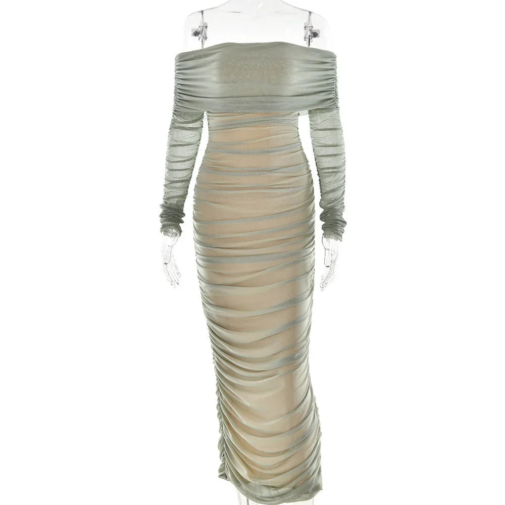Women's Bardot Midi Dress with Ruched Detail and Long Sleeves