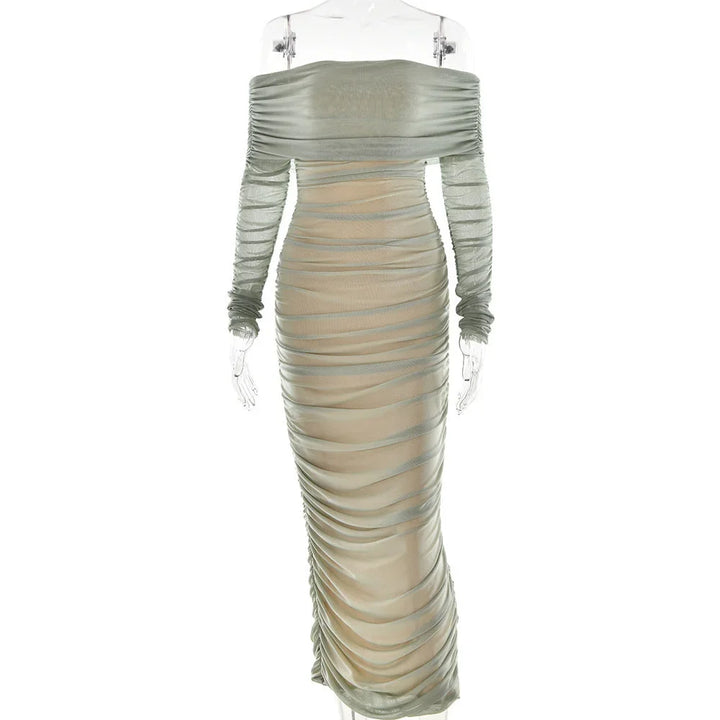 Women's Bardot Midi Dress with Ruched Detail and Long Sleeves
