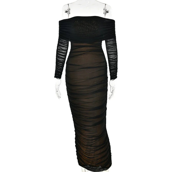 Women's Bardot Midi Dress with Ruched Detail and Long Sleeves