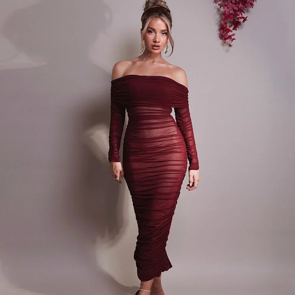 Women's Bardot Midi Dress with Ruched Detail and Long Sleeves