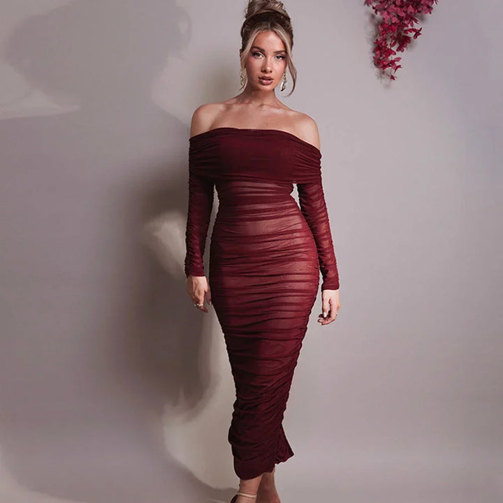 Women's Bardot Midi Dress with Ruched Detail and Long Sleeves