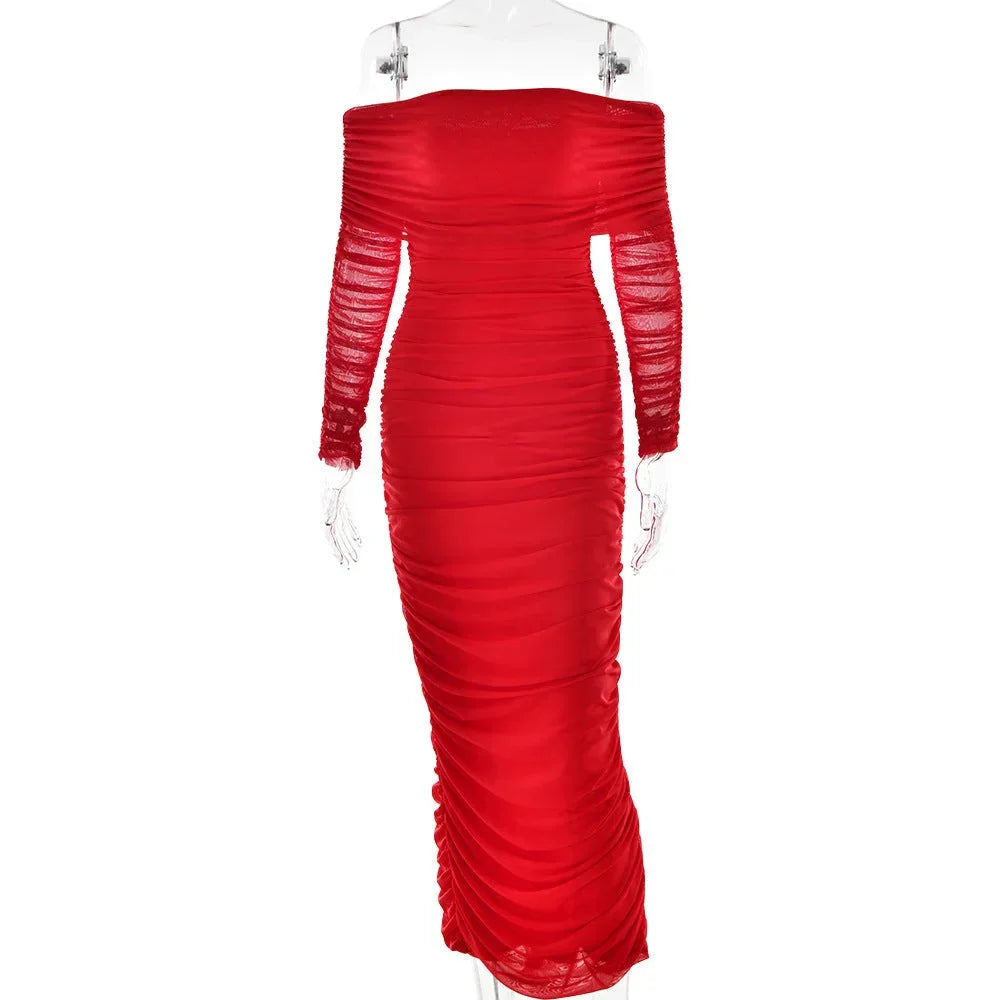 Women's Bardot Midi Dress with Ruched Detail and Long Sleeves