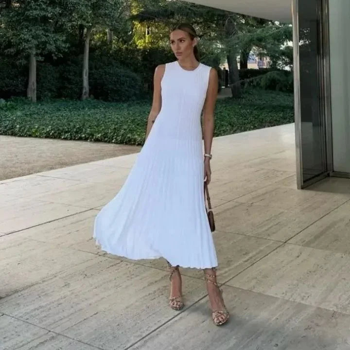 Women's Pleated Midi Dress with Sleeveless Design and Round Neck