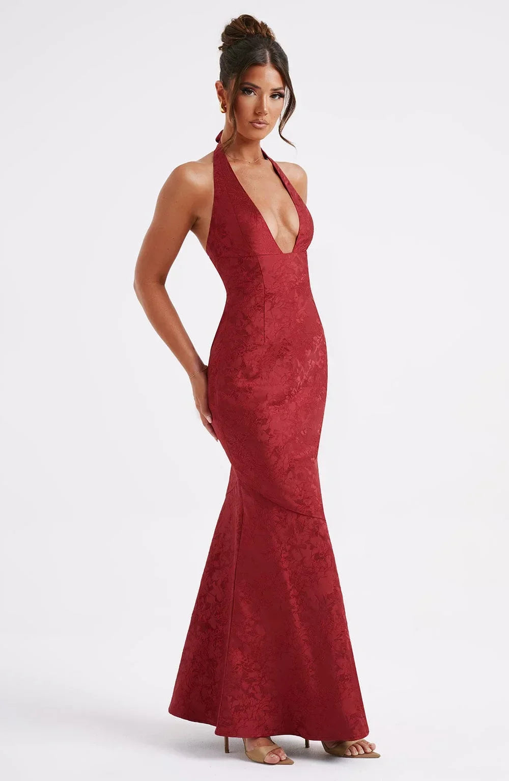 Women's Evening Maxi Dress with Plunge Neckline and Open Back