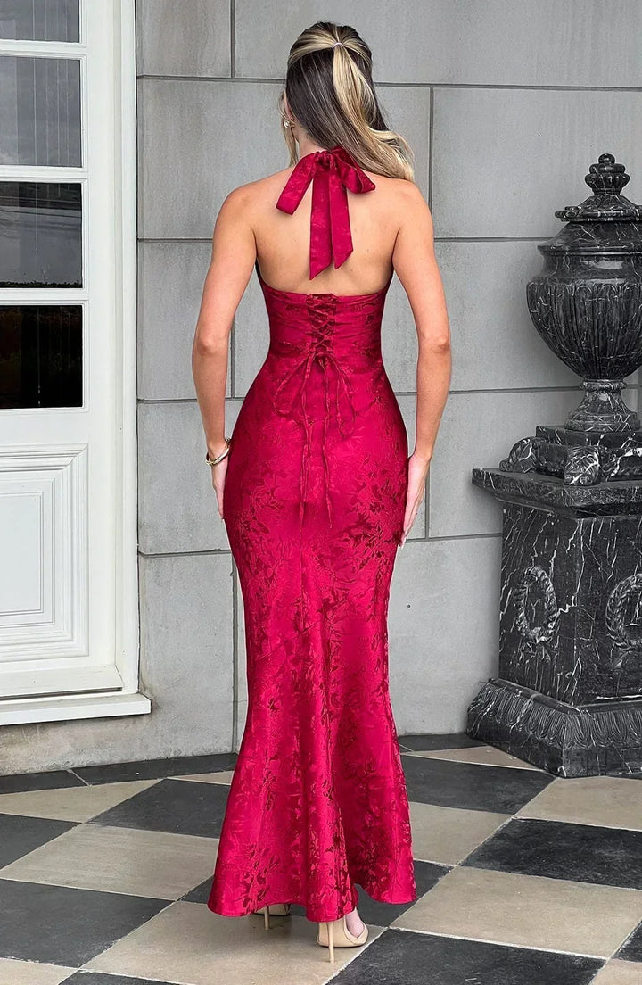 Women's Evening Maxi Dress with Plunge Neckline and Open Back