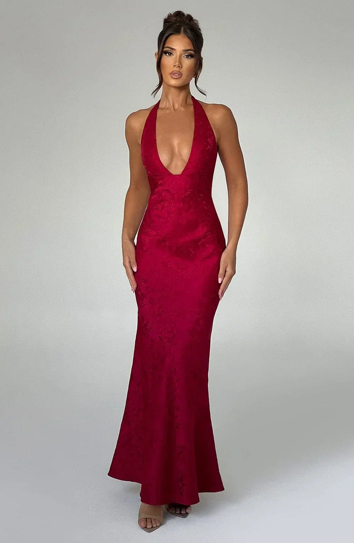 Women's Evening Maxi Dress with Plunge Neckline and Open Back