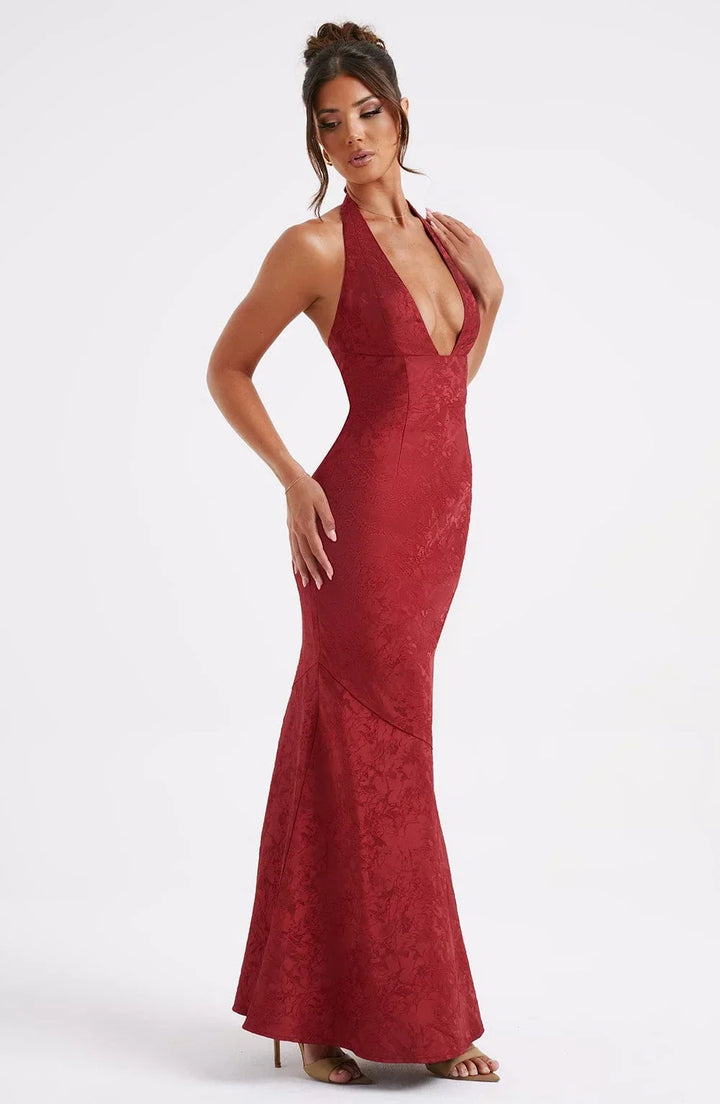 Women's Evening Maxi Dress with Plunge Neckline and Open Back