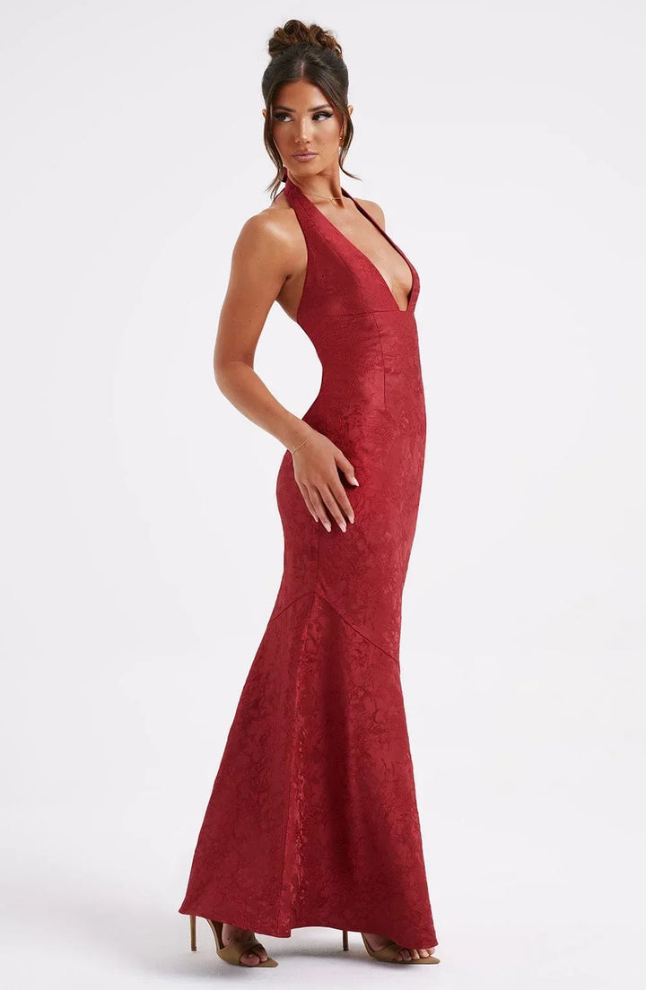 Women's Evening Maxi Dress with Plunge Neckline and Open Back