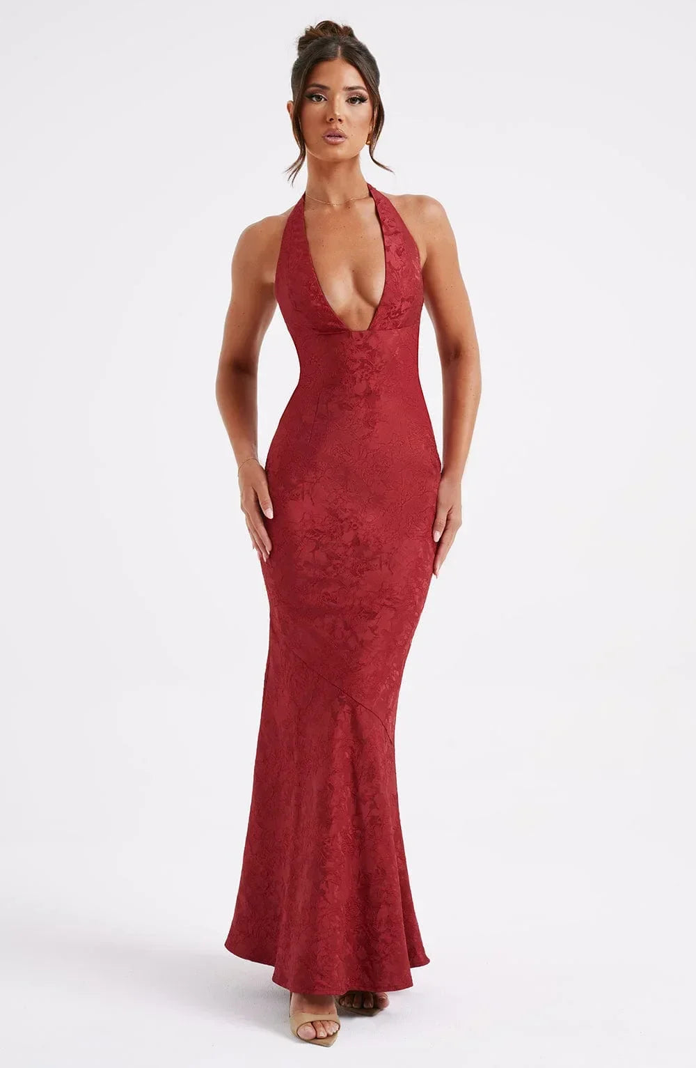 Women's Evening Maxi Dress with Plunge Neckline and Open Back