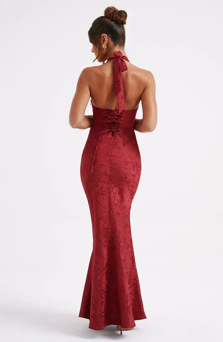 Women's Evening Maxi Dress with Plunge Neckline and Open Back